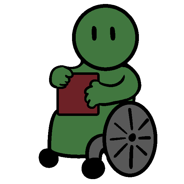  A green figure in a wheelchair, holding a red square.